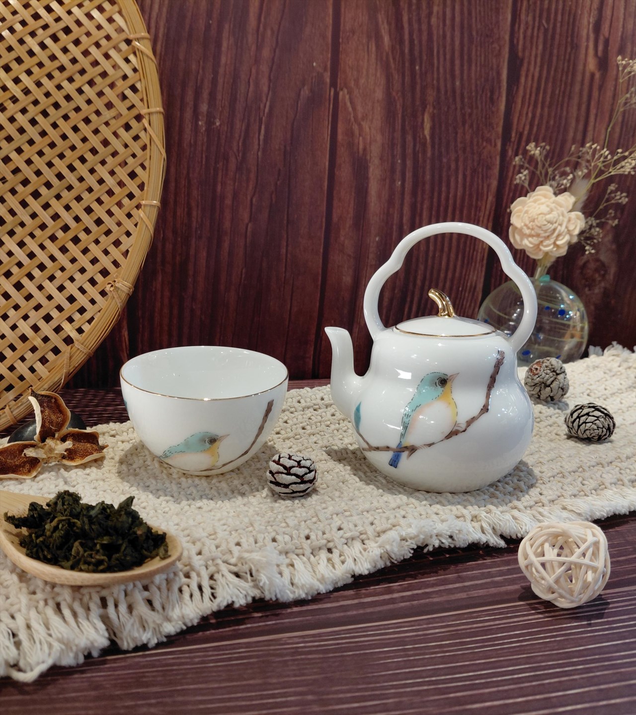 進口茶壺+茶杯-綠繡眼